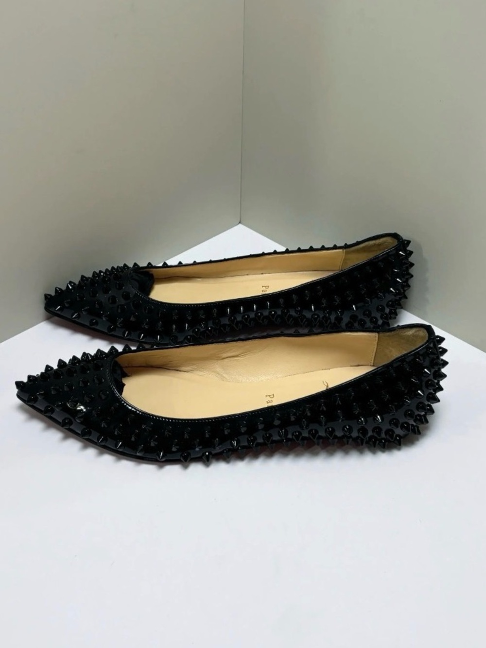 Christian Louboutin Black Patent Spike-Embellished Pointed Flats
